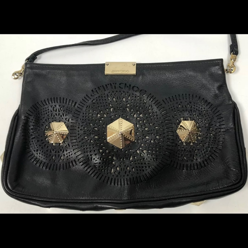 EUC Jimmy Choo Black Leather Shoulder Bag. Laser Cut and Golden Pyramids.